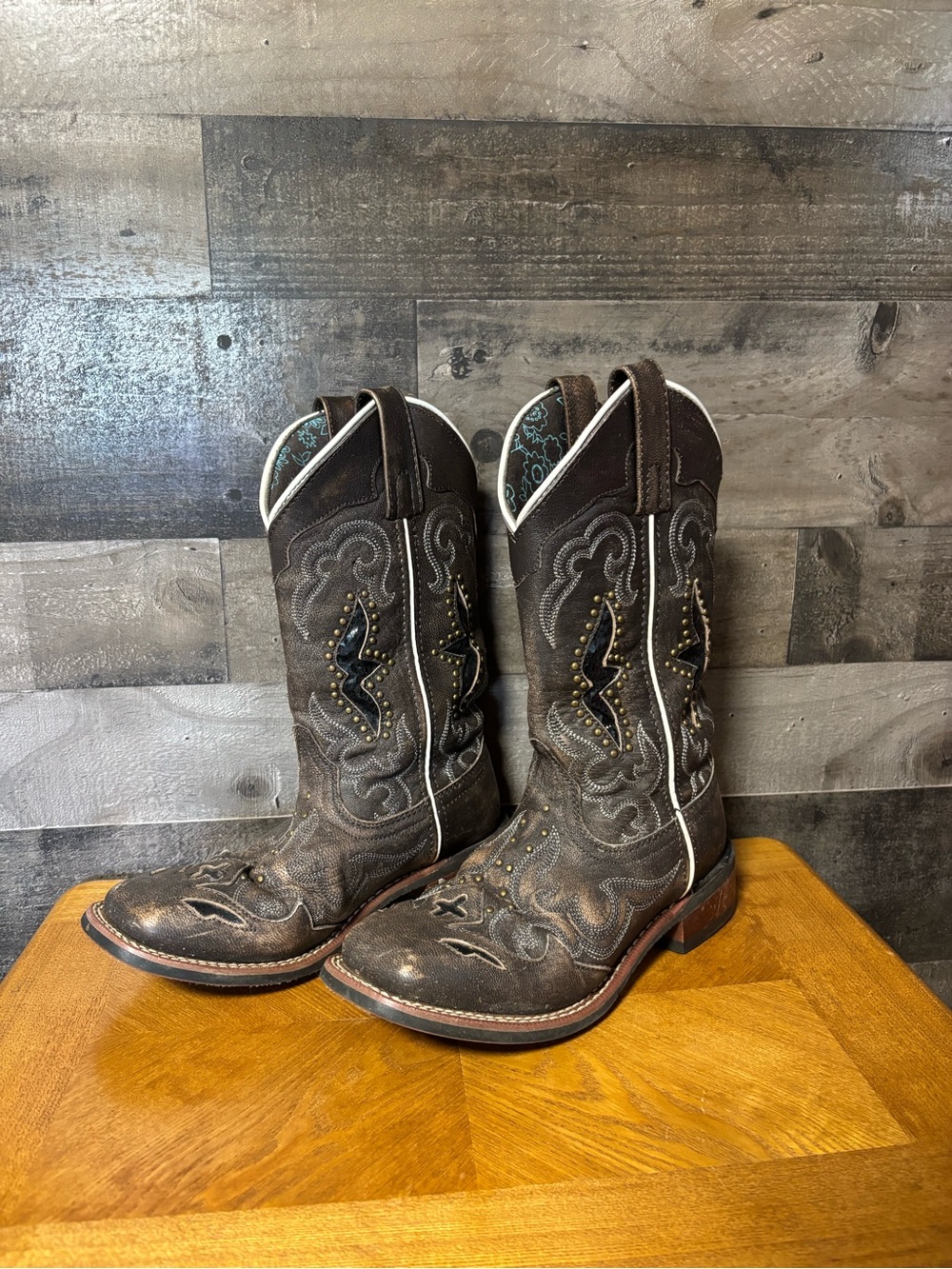 Laredo Spellbound Square Toe Brown Leather Boots w/ Turquoise Floral Lining 6.5